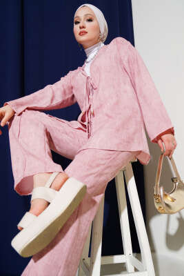 Pazarium - Batik Desen Önü Bağcıklı İkili Takım Pudra