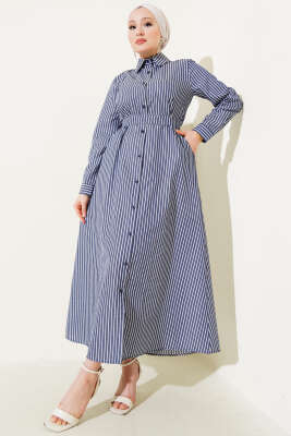 Pazarium - İnce Çizgili Kuşaklı Düğmeli Elbise Lacivert