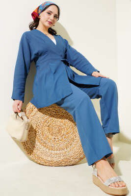 Pazarium - Pensli Bağlamalı Keten İkili Takım İndigo