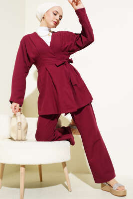 Pazarium - Pensli Bağlamalı Keten İkili Takım Bordo