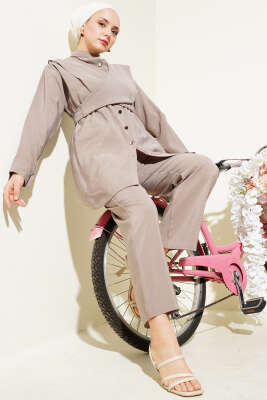 Pazarium - Omuzdan Bağlamalı Tencel İkili Takım Vizon