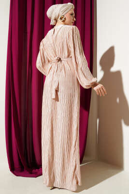 Büzgü Pliseli Saten Görünümlü Elbise Latte - Thumbnail