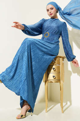 Pazarium - Büzgü Pliseli Saten Görünümlü Elbise İndigo