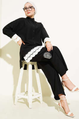 Pazarium - Fisto Detaylı Tunik İkili Takım Siyah