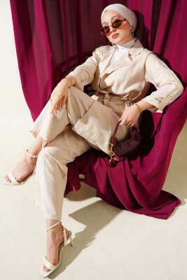 Pazarium - Bel Tünelli Kruvaze Yaka İkili Takım Bej