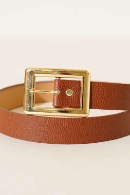 Geniş Dikdörtgen Tokalı Kemer Taba - Thumbnail