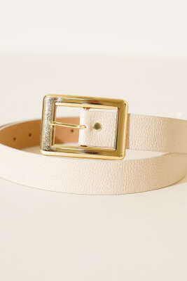 Geniş Dikdörtgen Tokalı Kemer Bej - Thumbnail