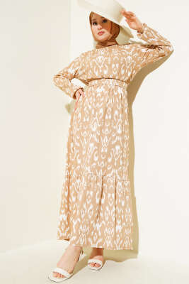 Pazarium - Bel Lastikli Desenli Bürümcük Elbise Bej