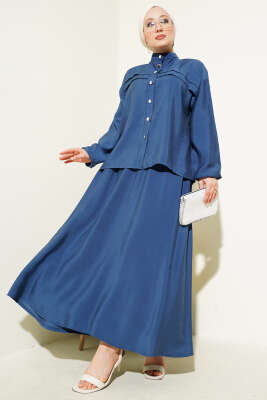 Pazarium - Yatay Pile Detaylı Etekli İkili Takım Lacivert