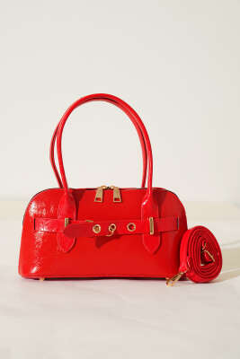 Kanca Detaylı Fermuarlı Rugan Çanta Kırmızı - Thumbnail