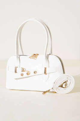 Kanca Detaylı Fermuarlı Rugan Çanta Beyaz - Thumbnail