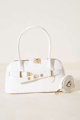 Kanca Detaylı Fermuarlı Rugan Çanta Beyaz - Thumbnail