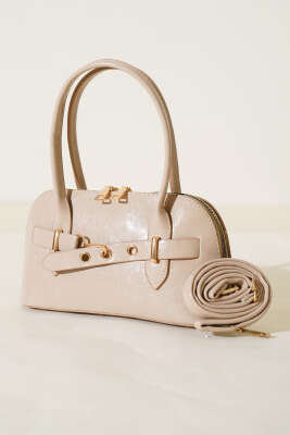 Kanca Detaylı Fermuarlı Rugan Çanta Bej - Thumbnail