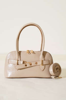 Kanca Detaylı Fermuarlı Rugan Çanta Bej - Thumbnail