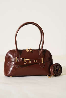 Kanca Detaylı Fermuarlı Rugan Çanta Acı Kahve - Thumbnail