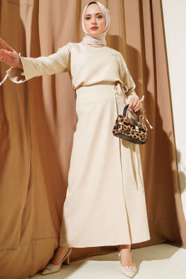 Pazarium - İp Bağcıklı Etekli Basic İkili Takım Bej
