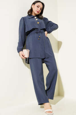 Pazarium - Parça Detaylı Bel Tünelli İkili Takım Kayrak Grisi