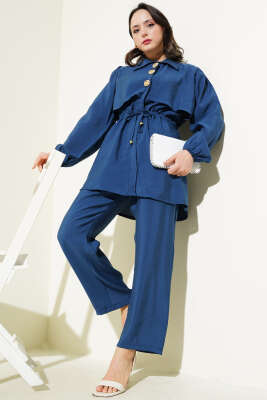 Pazarium - Parça Detaylı Bel Tünelli İkili Takım İndigo