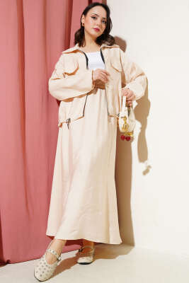 Pazarium - Göğüs Cep Kapaklı Etekli İkili Takım Bej