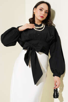 Pazarium - Yarım Düğmeli Bağlamalı Kısa Gömlek Siyah