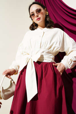 Pazarium - Yarım Düğmeli Bağlamalı Kısa Gömlek Ekru