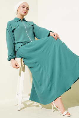 Pazarium - Düğme Detaylı Fermuarlı Ayrobin Jile İkili Takım Yeşil