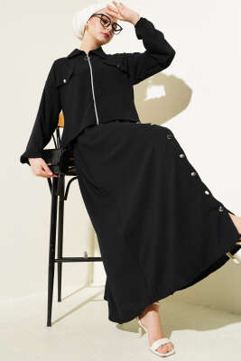 Pazarium - Düğme Detaylı Fermuarlı Ayrobin Jile İkili Takım Siyah