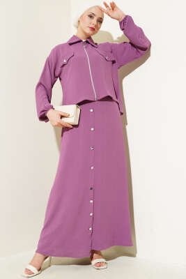 Pazarium - Düğme Detaylı Fermuarlı Ayrobin Jile İkili Takım Magenta