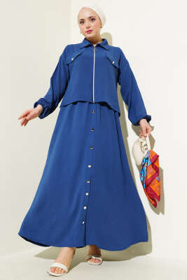 Pazarium - Düğme Detaylı Fermuarlı Ayrobin Jile İkili Takım İndigo