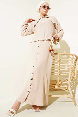 Pazarium - Düğme Detaylı Fermuarlı Ayrobin Jile İkili Takım Bej