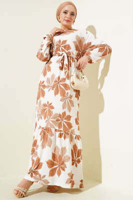 Pazarium - Yaprak Desen Bel Lastikli Bürümcük Elbise Latte