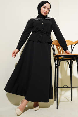 Pazarium - Taşlı Bebe Yaka Etekli İkili Takım Siyah