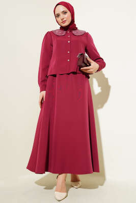 Pazarium - Taşlı Bebe Yaka Etekli İkili Takım Bordo