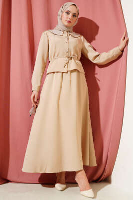 Pazarium - Taşlı Bebe Yaka Etekli İkili Takım Bej