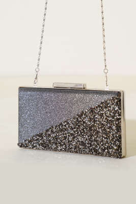 Pazarium - Çapraz Taşlı Dikdörtgen Abiye Çanta Füme