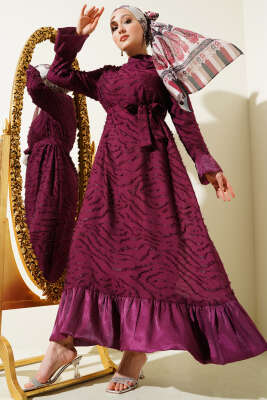 Pazarium - Tül Detaylı Sakallı Kloş Elbise Bordo