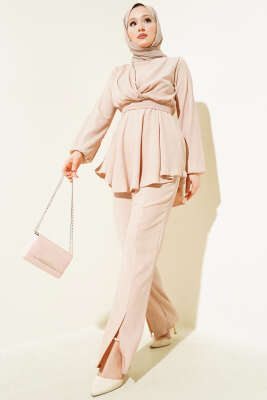 Pazarium - Kuşaklı Bel Lastikli Bürümcük Tunik İkili Takım Bej