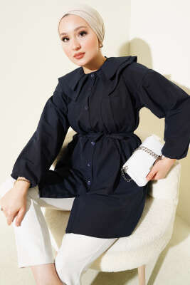 Pazarium - Çift Yaka İp Kuşaklı Gömlek Lacivert