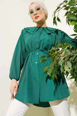 Pazarium - Çift Yaka İp Kuşaklı Gömlek Zümrüt
