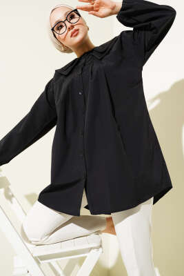 Pazarium - Çift Yaka İp Kuşaklı Gömlek Siyah