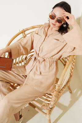 Pazarium - Beli Lastikli Göğüs Cepli İkili Takım Latte