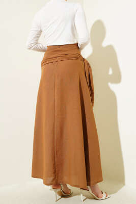 Yandan Bağlamalı Keten Etek Latte - Thumbnail