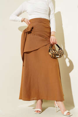 Yandan Bağlamalı Keten Etek Latte - Thumbnail