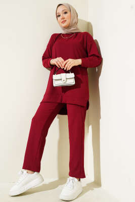 Pazarium - Yanları Yırtmaçlı Bürümcük İkili Takım Bordo