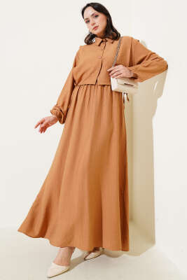 Pazarium - Bel Lastikli Bolerolu Elbise Latte