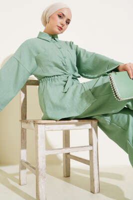 Pazarium - Beli Lastikli Göğüs Cepli İkili Takım Mint