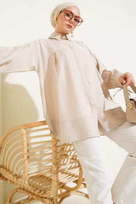 Pazarium - Manşet İpli Göğüs Pileli Gömlek Taş