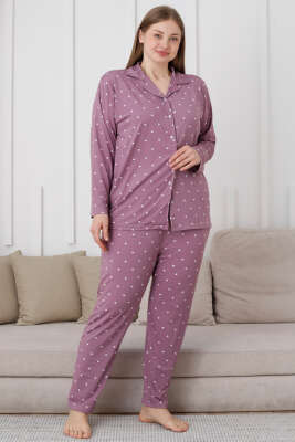 Puantiyeli Düğmeli Büyük Beden Pijama Takımı Lila - Thumbnail