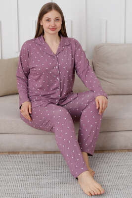 Puantiyeli Düğmeli Büyük Beden Pijama Takımı Lila - Thumbnail