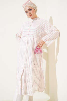 Asimetrik Çizgili Uzun Keten Gömlek Pembe - Thumbnail